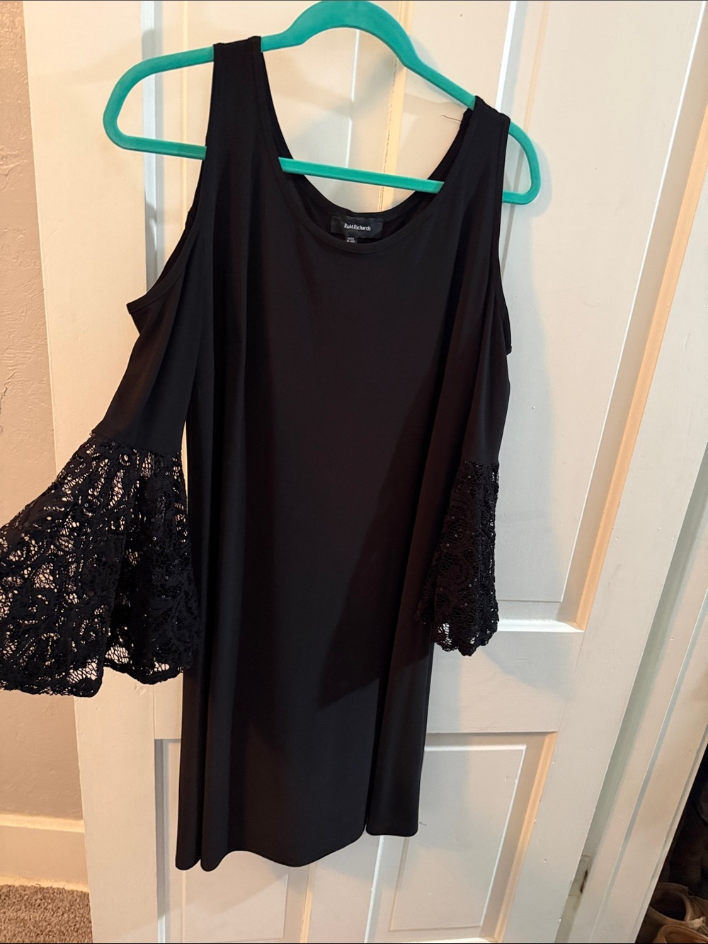 R&M Richards Black Cold-Shoulder Dress with Lace Bell Sleeves
